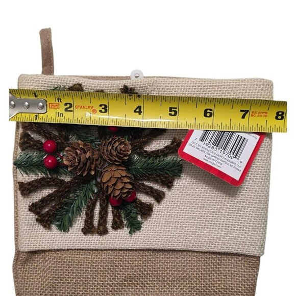 New Rustic Burlap Christmas Stocking Wreath Flower Pinecone Berry Holiday Decor - Picture 5 of 6